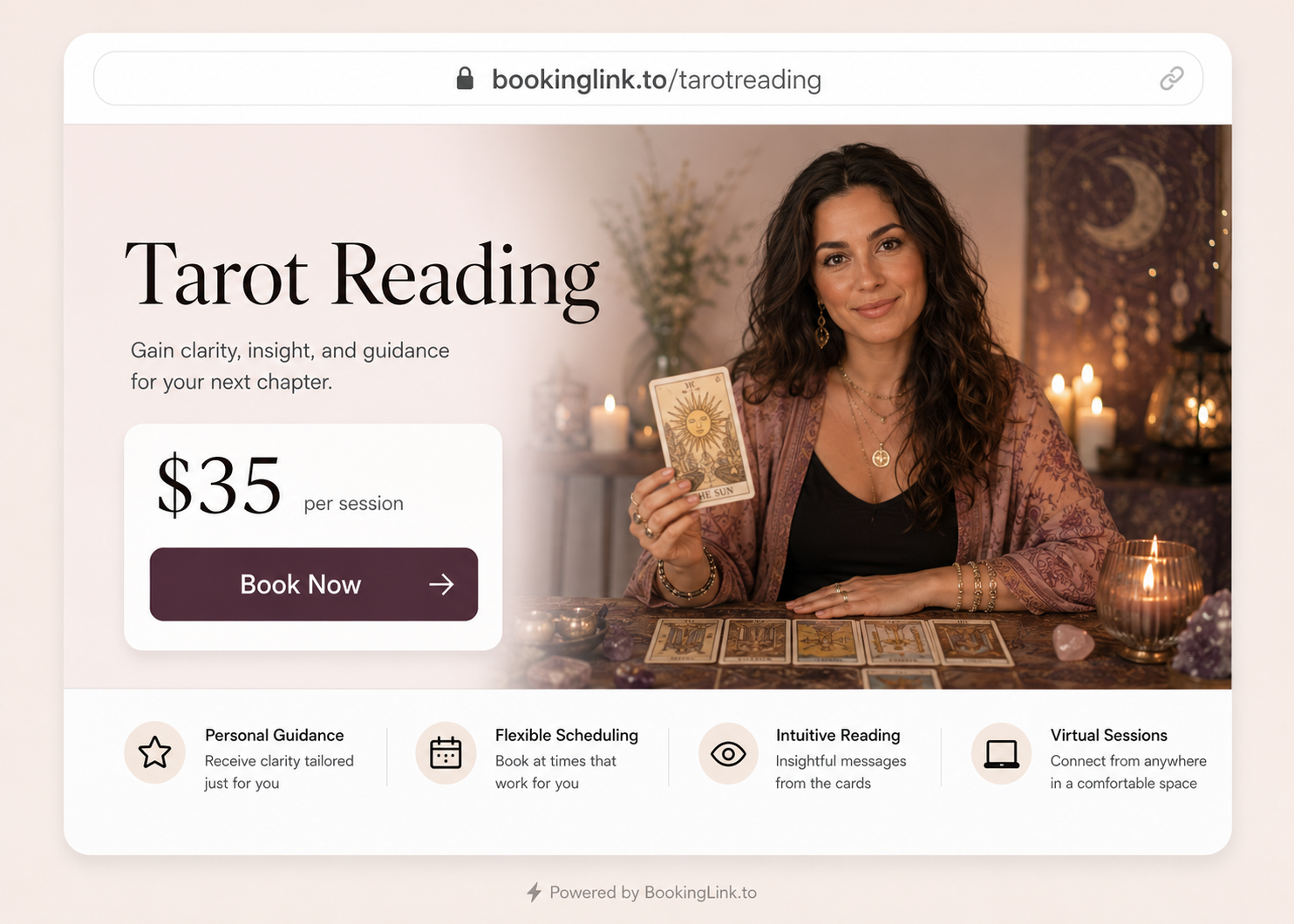 BookingLink.to page for a paid tarot reading session