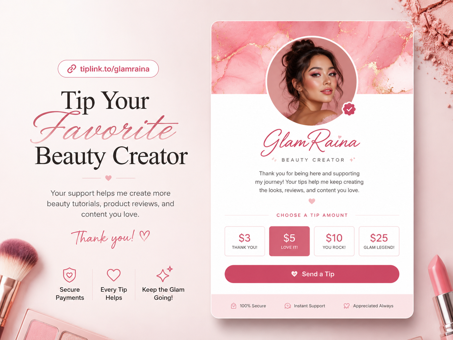 TipLink.to page for a beauty creator collecting tips